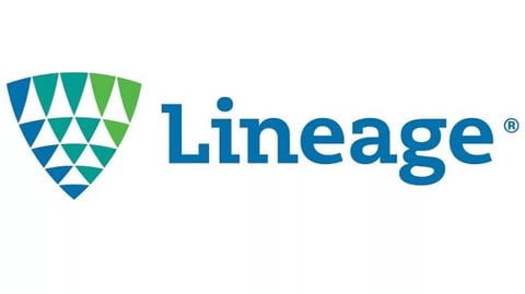 Lineage company logo featuring a geometric shield with blue and green triangles next to blue text reading Lineage with registered trademark symbol