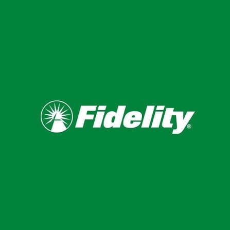 Fidelity logo on green background featuring the company name with a stylized sun symbol