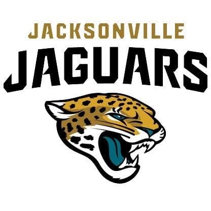 Jacksonville Jaguars logo featuring gold and black text with a stylized roaring jaguar head beneath